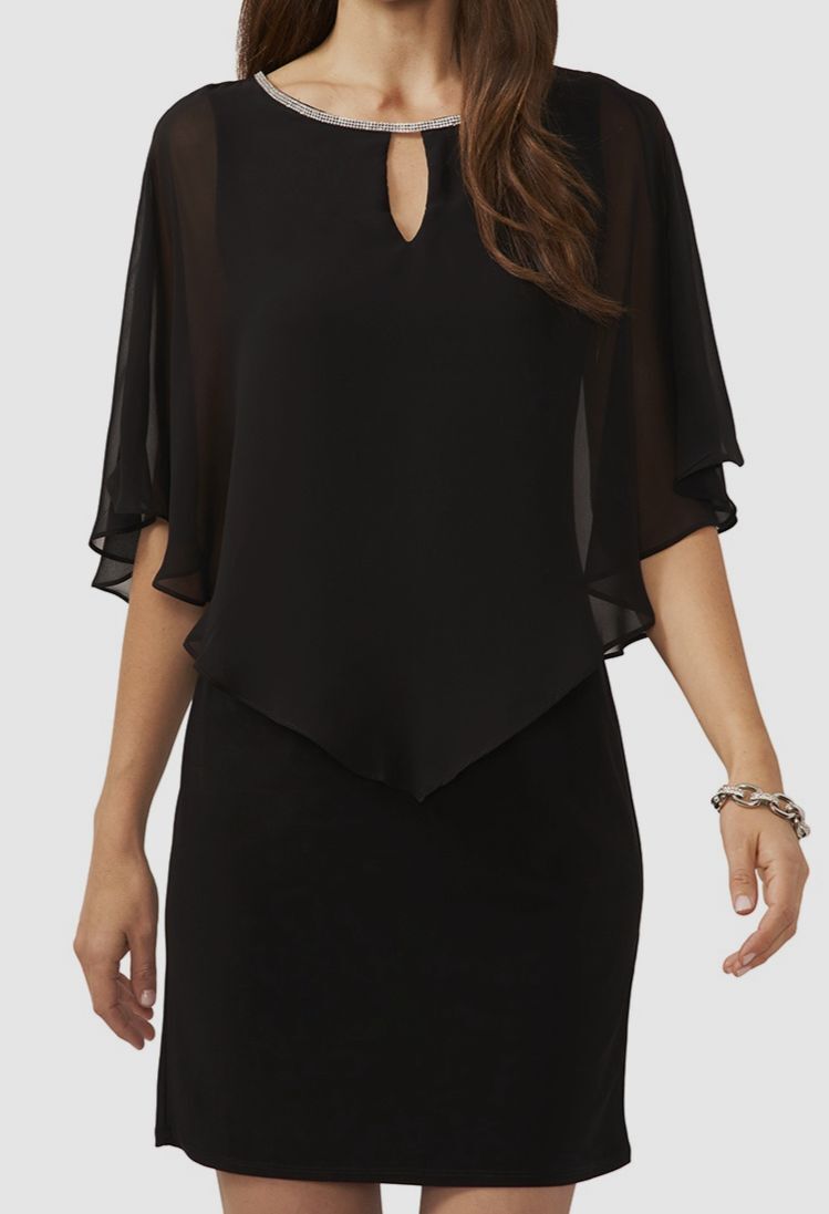 MSK Women's Black Rhinestone Unlined Chiffon Jersey Knit Cape Mini Dress Size S