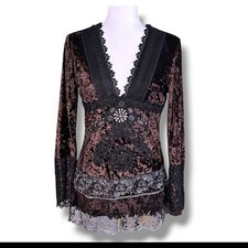 Top Passion Concepts Y2K Terciopelo Triturado Encaje Cuentas L/S Cuello en V Caprichoso Mediano