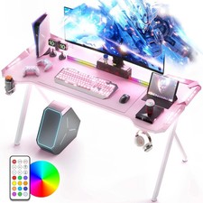Gaming Desk with LED Lights, Carbon Fiber Surface Cup, Headphone Holder 160cm
