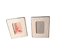 Vtg 2 Small Ceramic Photo Picture Frames White Figural Gold Accent Trim Easel