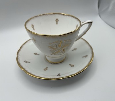 Royal Stafford White Shrine Bone China Masonic Saucer & Teacup, Gold Star/Cross!