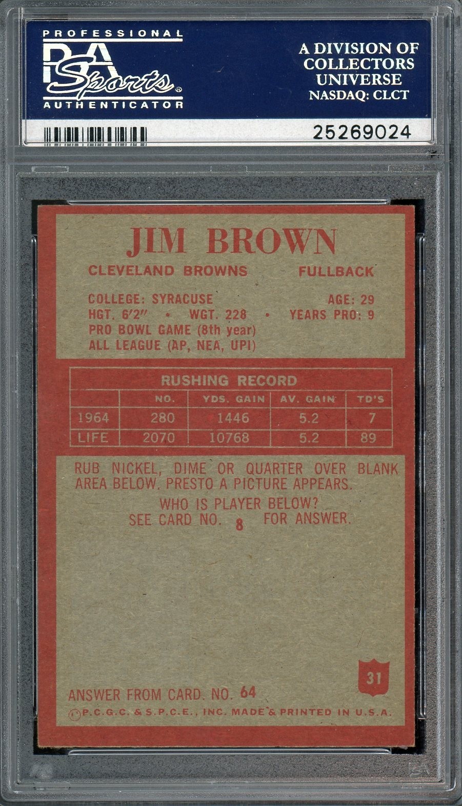 1965 Philadelphia Football #31 Jim Brown PSA 7 NM HOF REALLY NICE CARD view 2