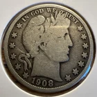 1908 Barber Half Dollar Average Circ 90% Silver.  Free Shipping. Great Looking.