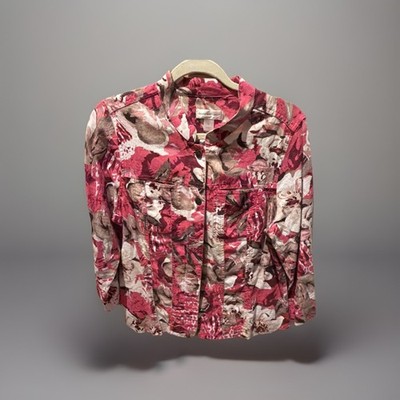 Christopher & Banks Floral Cotton Button-Up Collared Long Sleeve Blouse Red M