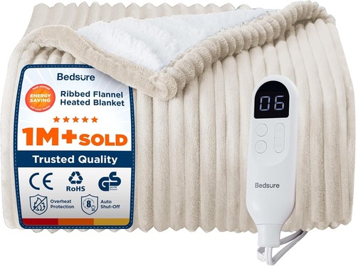Bedsure Heated Blanket Electric Throw Ribbed Flannel Heating 130x160cm, Striped