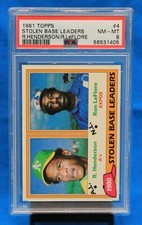 1981 TOPPS # 4 STOLEN BASE LEADERS PSA 8 NM-MT # 56531405 with Rickey Henderson