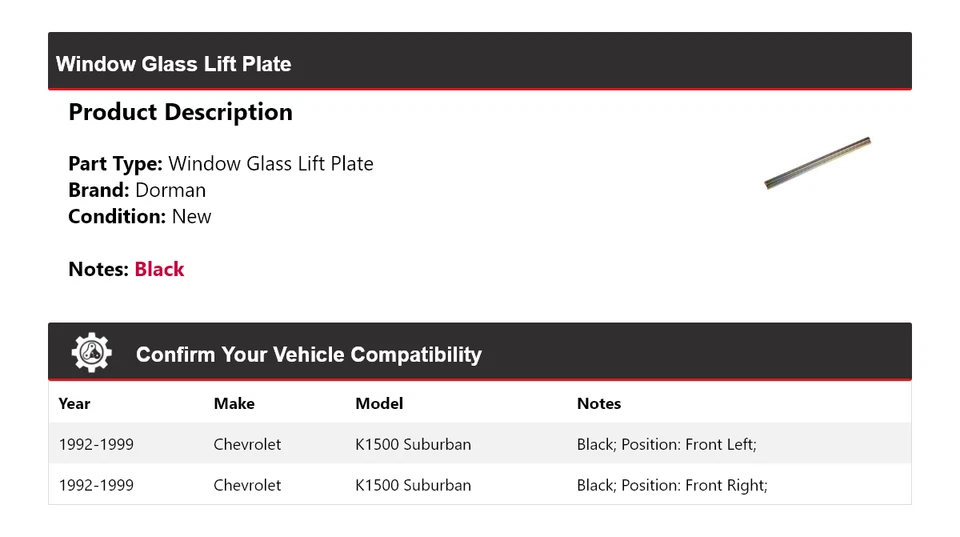 Placa elevadora de vidrio ventana para Chevrolet K1500 Suburban Dorman 1992-1999 1993 1994 Foto 2 de 4