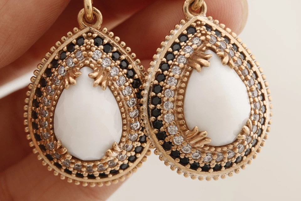 Turkish Jewelry Drop Shape White Black Onyx Topaz 925 Sterling Silver Earrings - Image 4 of 4