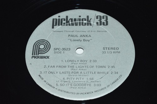PAUL ANKA Lonely Boy LP Pickwick Canada Compilation Vinyl SPC-3523 VG+/VG - Picture 3 of 4