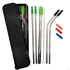 Reusable Stainless Steel Drinking Straws With Silicone Tips Case Cleaning Brush