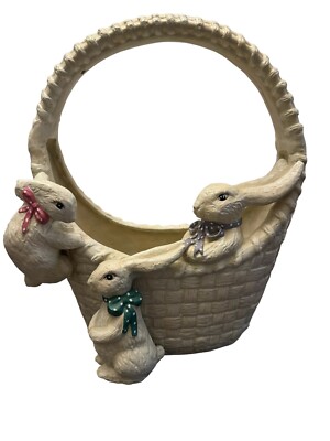 Large 15  Bunny Rabbit 3D Pottery Ceramic Heavy Planter Garden Bows Basket Heavy