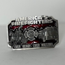 Vintage 1983 America Fireman Fire Fighter Belt Buckle By Siskiyou Pewter/Enamel