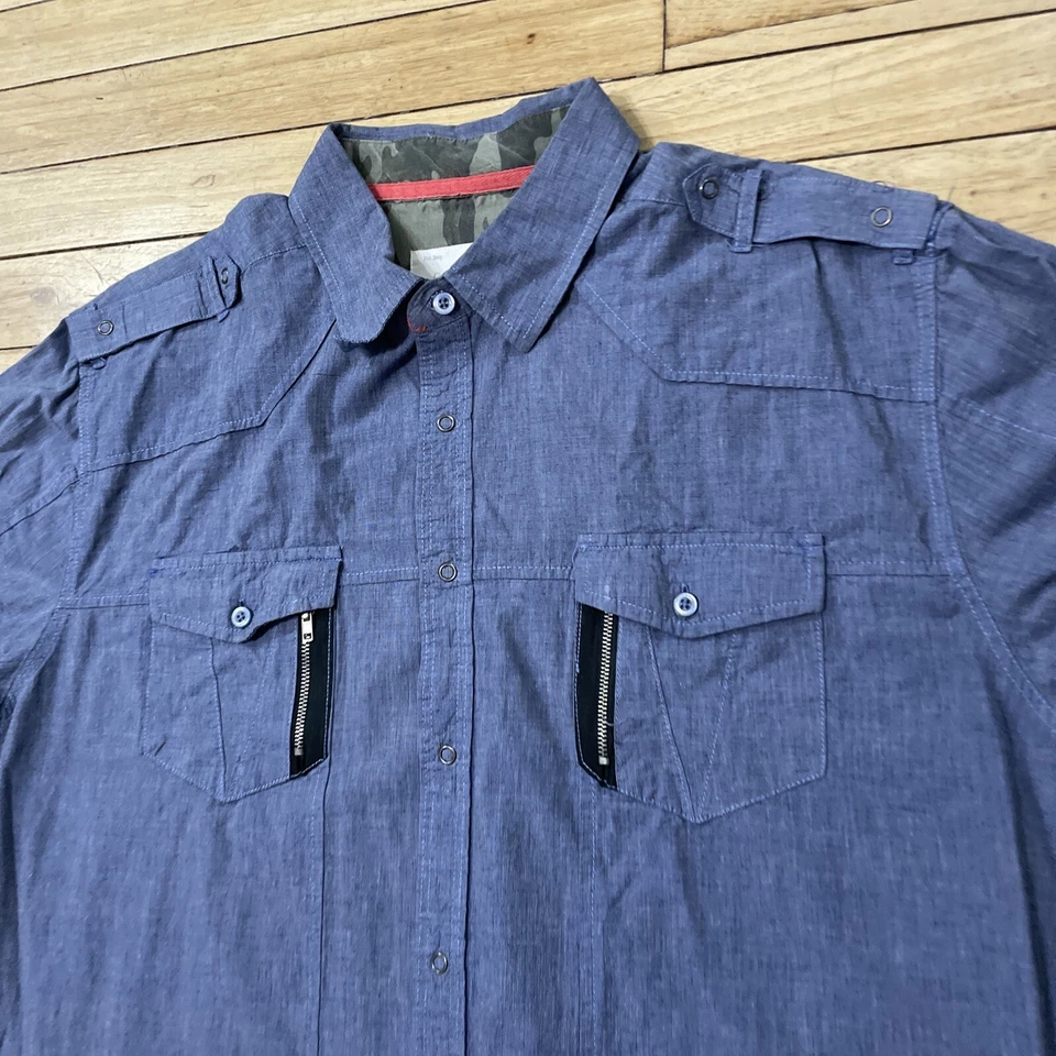 SOVEREIGN CODE Metal Snap Button Shirt Men XXL Blue Military Camo Zip-Pocket 2XL - Image 3 of 4