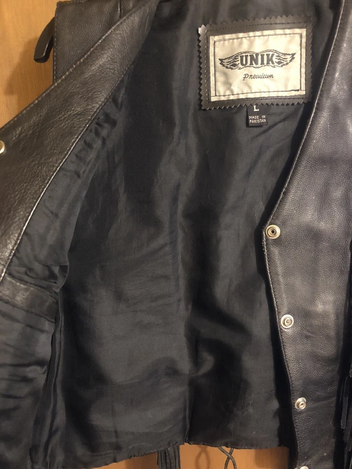 Chaleco de cuero Unik Premium suave grueso negro con flecos Foto 4 de 4