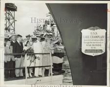 1945 Press Photo Mrs. Warren R. Austin Christens Aircraft Carrier Lake Champlain