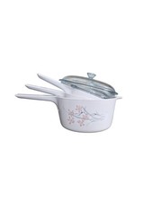 Set of 3 Vintage Vision Corning Saucepans White Glass Tokyo Peach Cherry Blossom