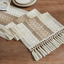 ZeeMart Macrame Style Bicolor Stitching Table Runner 14 x 90 Inch Taupe/Ivory