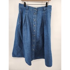 Vintage Koret City Blues Denim Button Front Midi Skirt Blue Cotton Size 18
