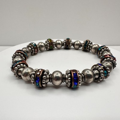 Vintage 90s Silver Tone Multi-Color Glass Beaded Stretch Bracelet Boho Jewelry