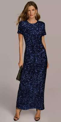 Donna Karan NY Women's Blue Sequin Short-Sleeve Gown Long Prom Dress sz 6
