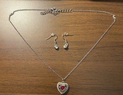 Silver Heart Necklace and Earrings Set with Red Stones, Love Theme