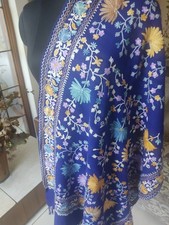 LARGE CREWEL kashmiri EMBROIDERY SHAWL Blue  CASHMERE PASHMINA 16 DESIGN Stock
