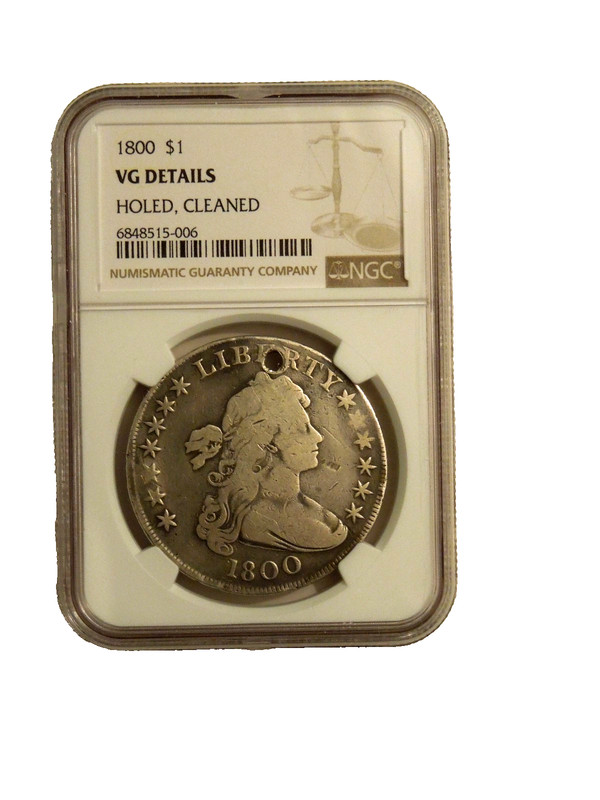 NGC Certified 1799 Draped Bust Silver Dollar, VG Details, Holed, Cleaned