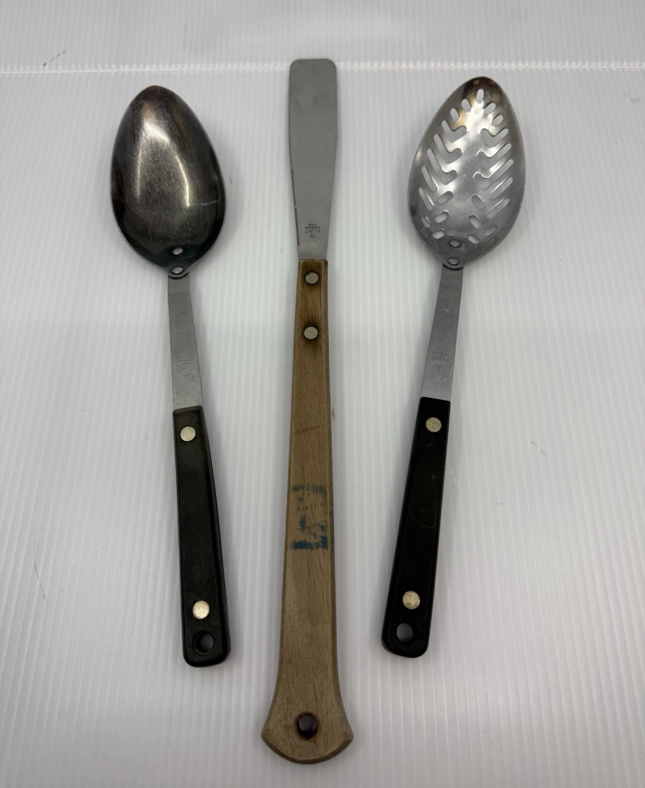 FLINT Vintage Stainless USA Serving Spoons (2) & Serrated 15 In Spatula Utensil