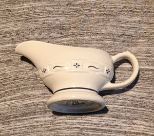 Longaberger Pottery White Ceramic Gravy Boat Blue Floral, Microwave/Oven Safe
