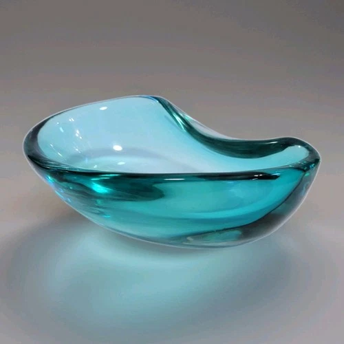Alfredo Barbini Murano Italian Art Glass Bowl Sea Blue Vintage MCM Signed