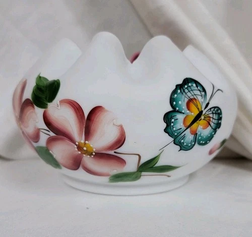 Vtg Fenton For LG Wright Satin Hand Paint Floral Art Glass Rose Bowl Butterflies