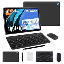 10.1 inch Android 14 Tablet 10 128GB IPS HD Touchscreen Octa-Core Keyboard Mouse