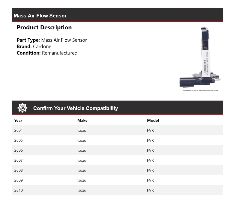 Sensor de flujo de aire másico Cardone 2005 2006 2007 2008 2009 Isuzu FVR 2004-2010 Foto 2 de 4