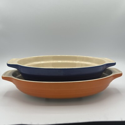 Pair Of Well Equipped Kitchen Stoneware Oval Casserole Dishes 10.5x6.25 12x7.75
