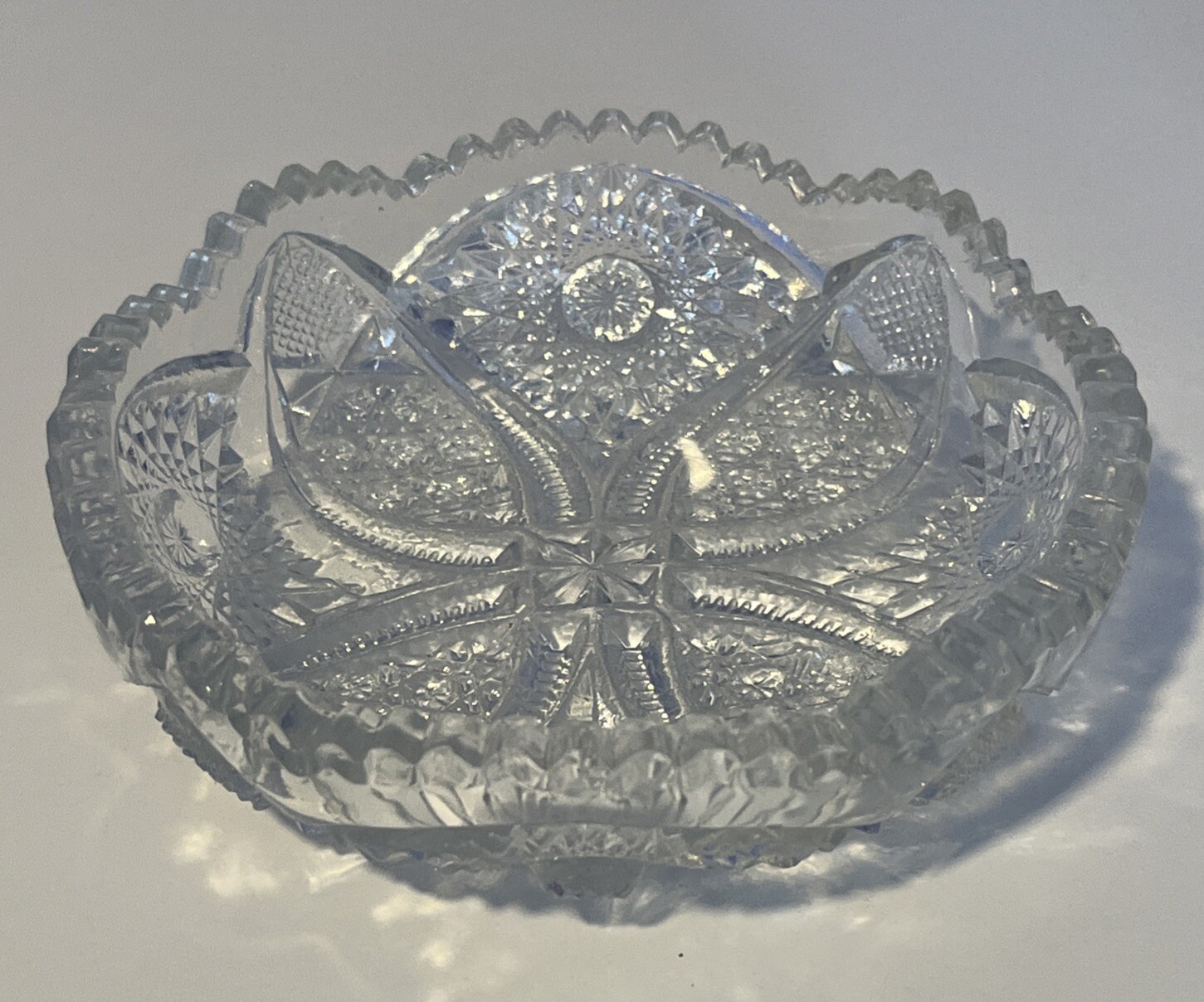 Vintage Antique Nucut Glass 5.5” Sawtooth Round Candy Nut Dish Bowl *Read