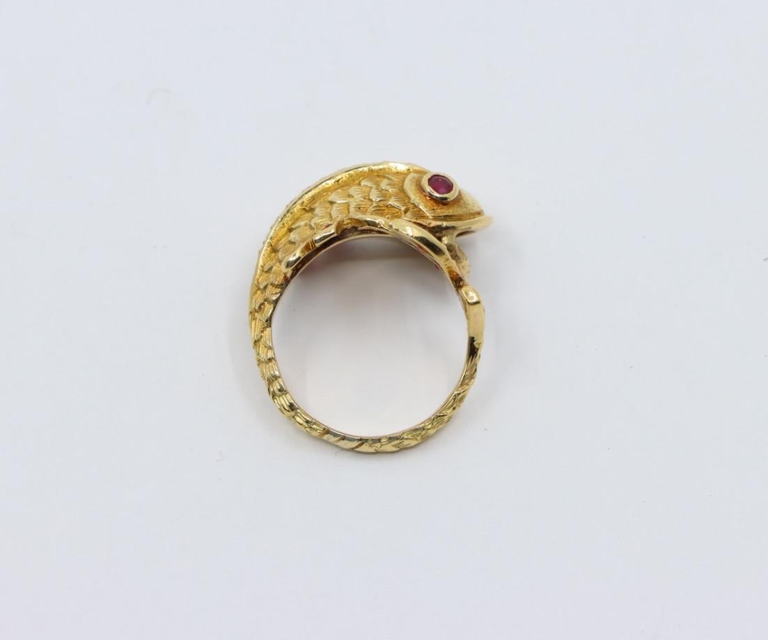 14K Gold Ruby Diamond Fish Ring - image 7