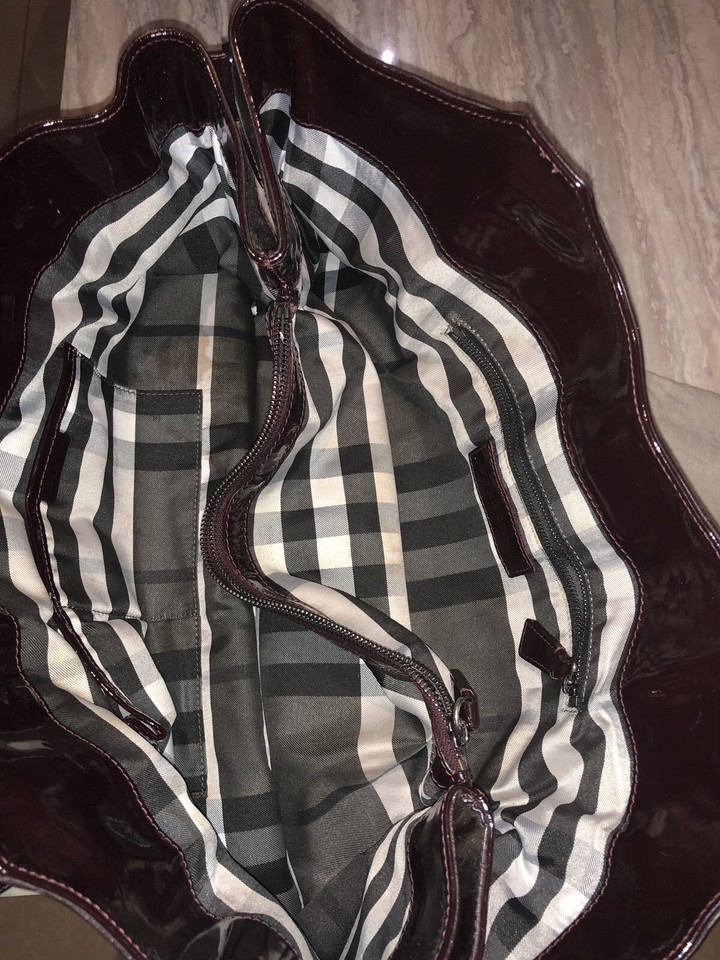 🥳 £1800 Authentic Burberry Burgundy Quilted Patent Leather Handbag Tote
