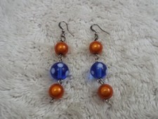 Silvertone Blue Orange Bead Pierced Earrings K12