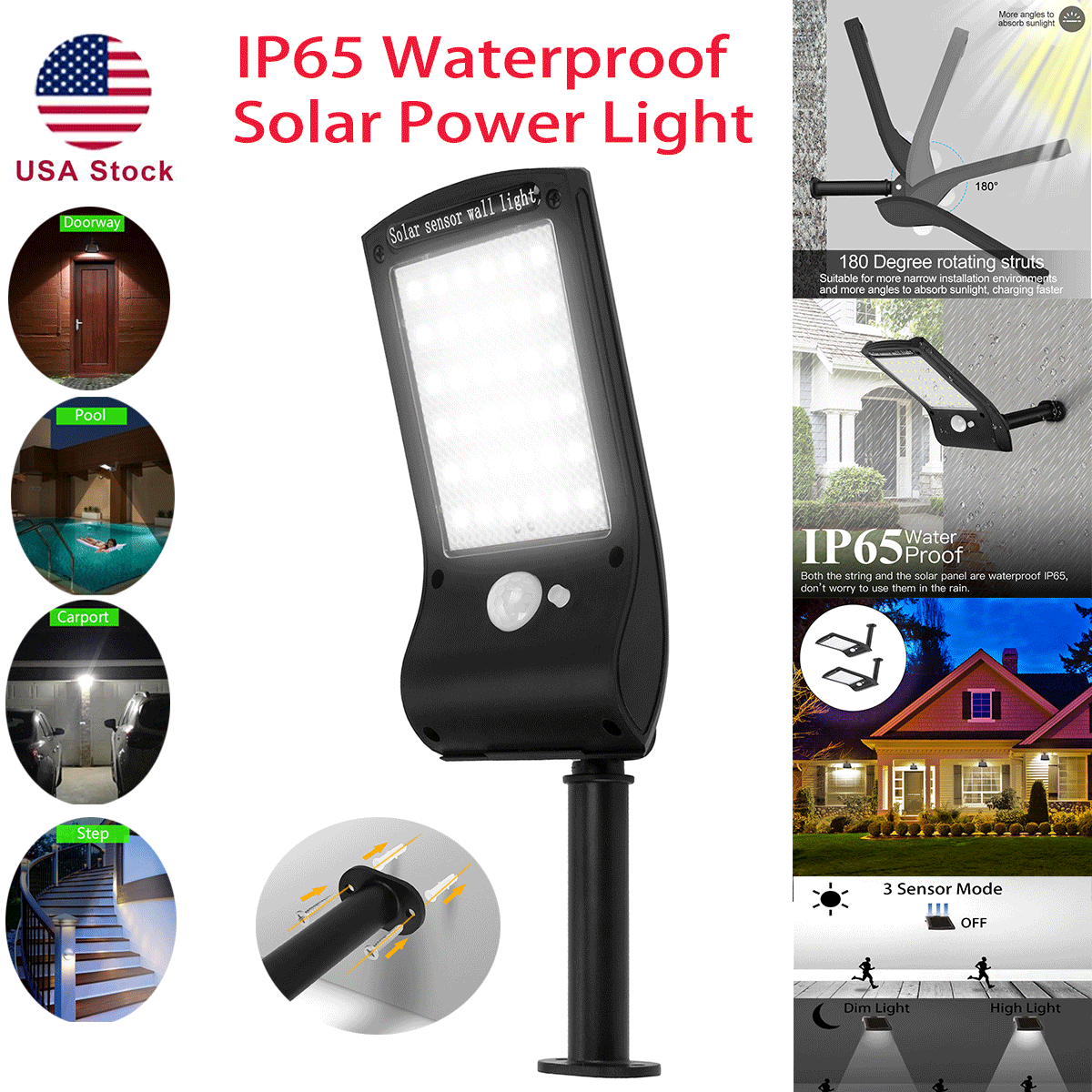 650W 65000LM LED Solar Wall Street Light PIR Motion Sensor Garden Lamp Remote