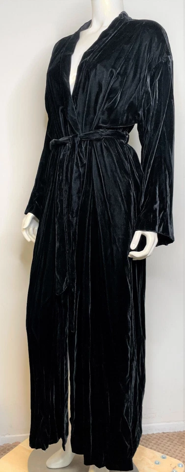 Bata larga vintage de terciopelo negro con cinturón Calvin Klein para mujer bolsillos M Foto 4 de 4