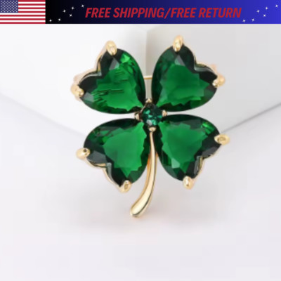 Green Four Leaf Clover Crystal Rhinestone Shamrock Brooch Ireland Pin Gift