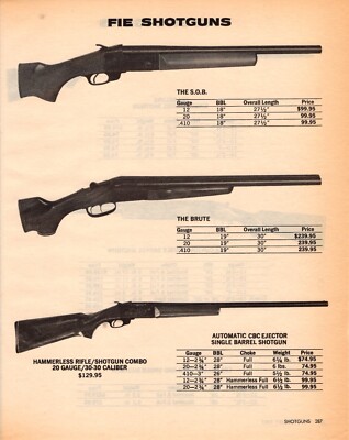 1982 Print Ad of FIE The SOB, The Brute Shotgun & Auto CBC Ejector Rifle Combo