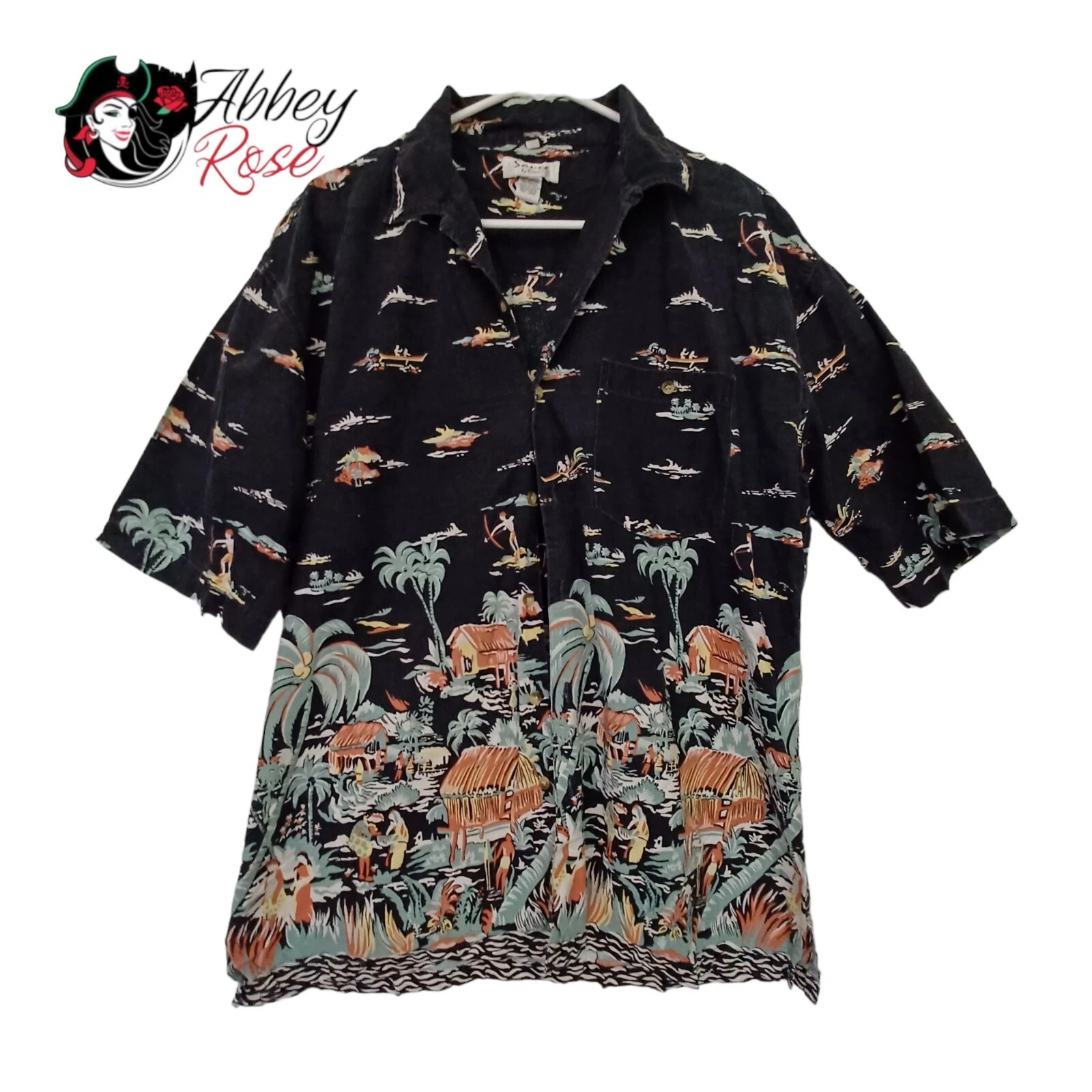 Sauce by Berne Hawaiian Floral Canoe Tiki Hawaii Native Shirt Large Black