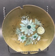 VTG MCM Sascha Brastoff Olive Green Enamel Copper Floral Ashtray/ Trinket Dish