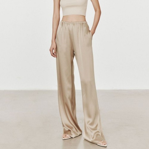 Womens Faux Silk Satin Elastic Waist Long Trousers Loose Straight Wide Leg Pants - Picture 12 of 12