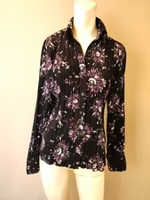 FLORAL LONG SLEEVE COLLAR TOP SIZE SMALL PLEATED BLACK PINK WHITE BUTTON STRETCH