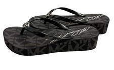 NEW MICHAEL KORS BLACK JET SET SIGNATURE PRINT WEDGE FLIP FLOP SANDALS SIZE 8