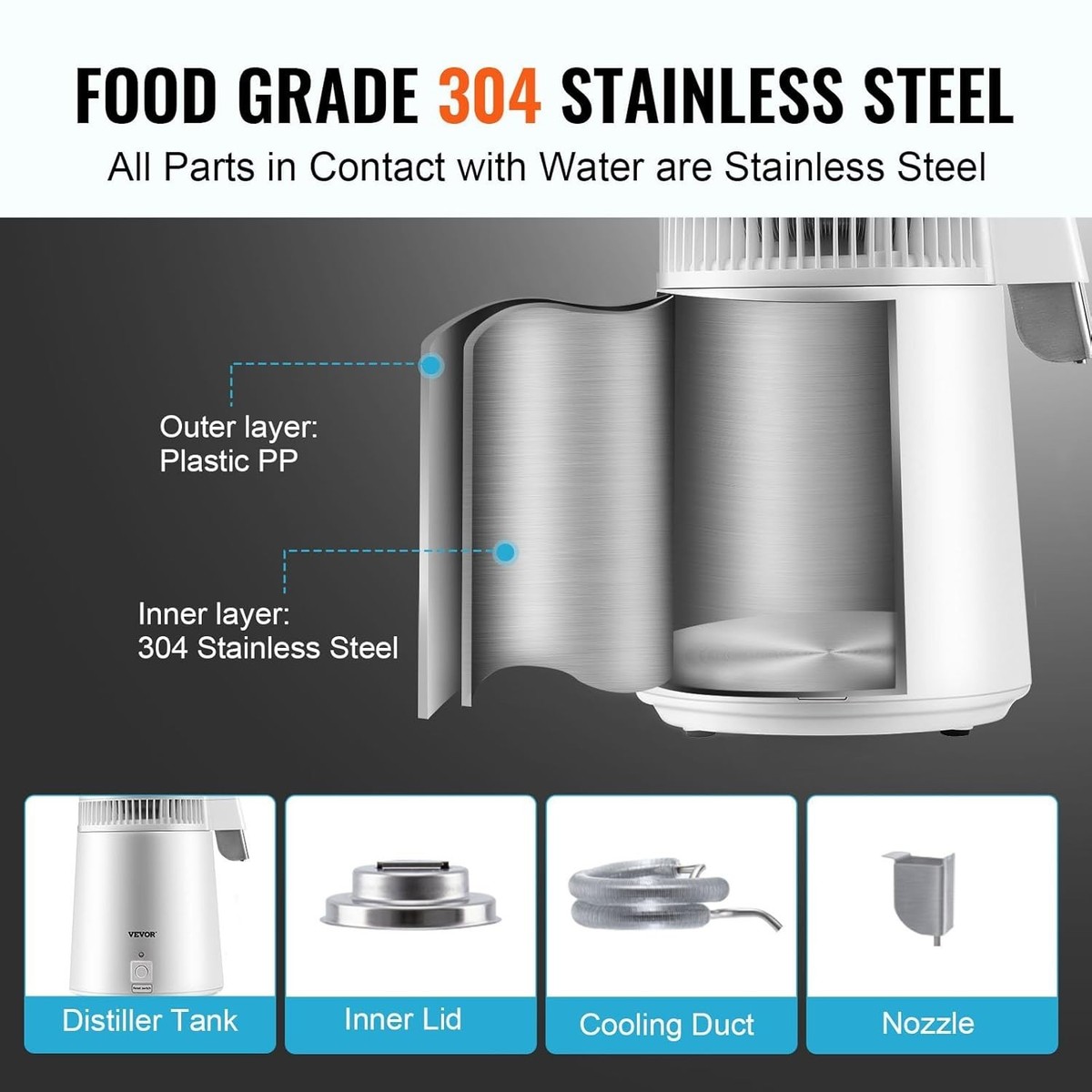 Water Distiller, 1.1 Gal Distilled Water Machine, 750W Pure Water