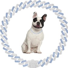 Blue Cuban Link Dog Collar,Bling Dog Chain Collars Diamond Dog Necklace Rhine...