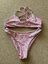 Shein Women s 2 Piece Bikini Pink White Flowers, Size S Small, Spaghetti Strap